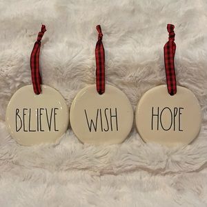 RAE DUNN by Magenta "BELIEVE, WISH, HOPE” Christmas Ornament Set of 3
